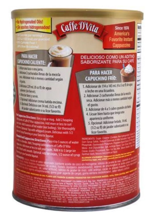 Caffe D'vita Polvo Para Capuchino Moca Caliente O Frío 1.3kg