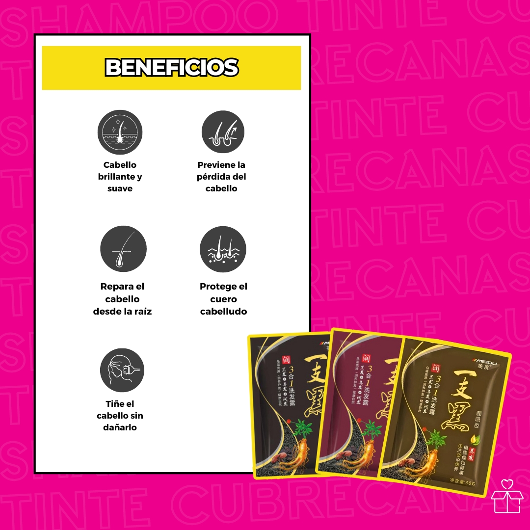 Shampoo Tinte Instantáneo 15 Minutos Cubre Canas Jengibre Castaño.