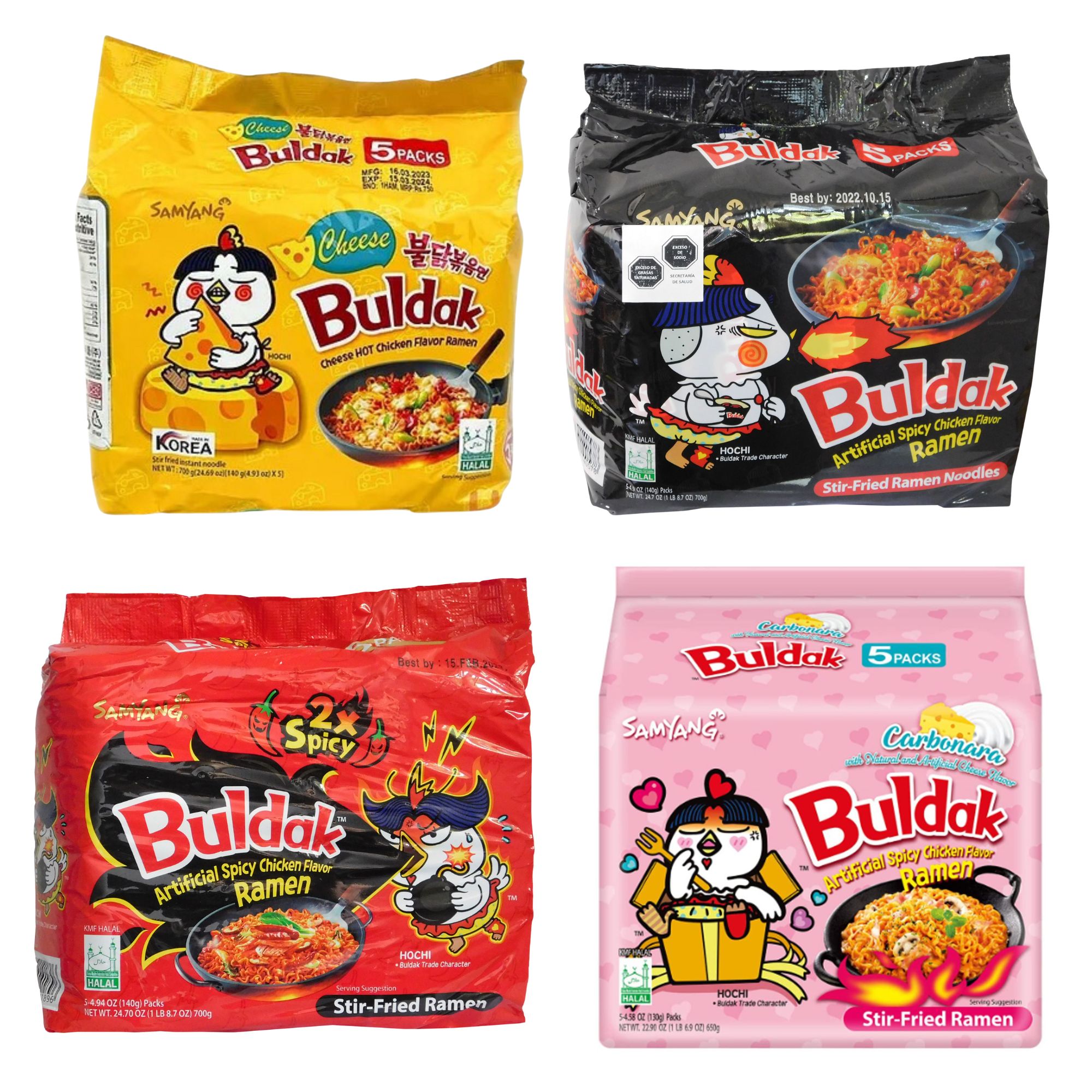 Sopa Instantánea Ramen Coreana Buldak Surtidos 1 Caja de 20 Piezas Carbonara Queso Original y Doble Picante