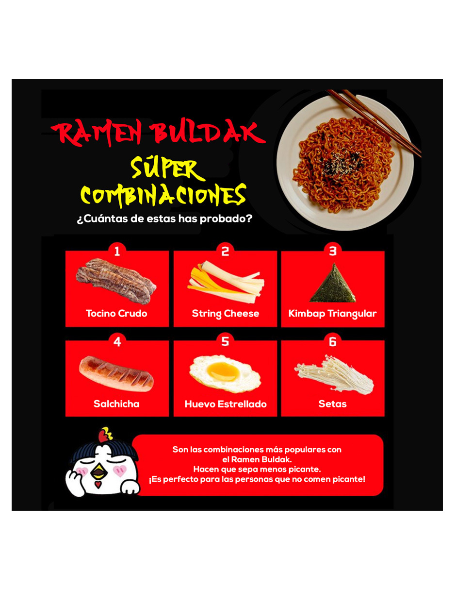Sopa Instantánea Ramen Coreana Buldak Surtidos 10 Piezas Carbonara y Queso