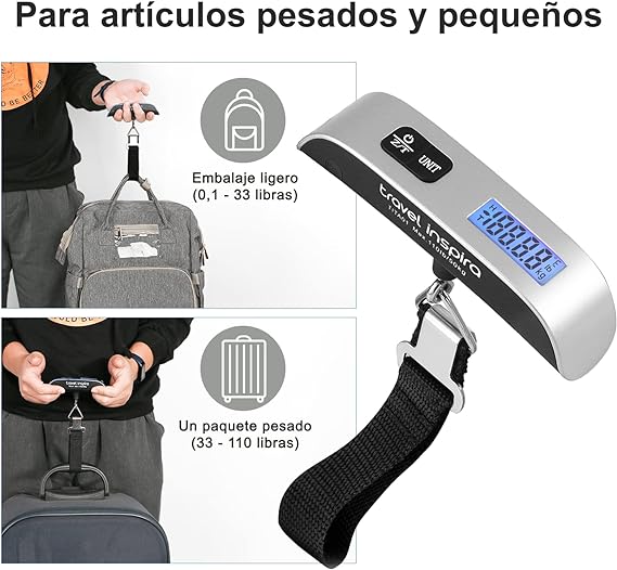 Báscula de Equipaje Digital Portátil ''travel Inspira''- Básculas Para Maletas Capacidad de 110lb/50kg con Acabado de Pintura de Goma, Batería Incluida - Perfecta Para Viajes y Pesar Maletas y Bolsos