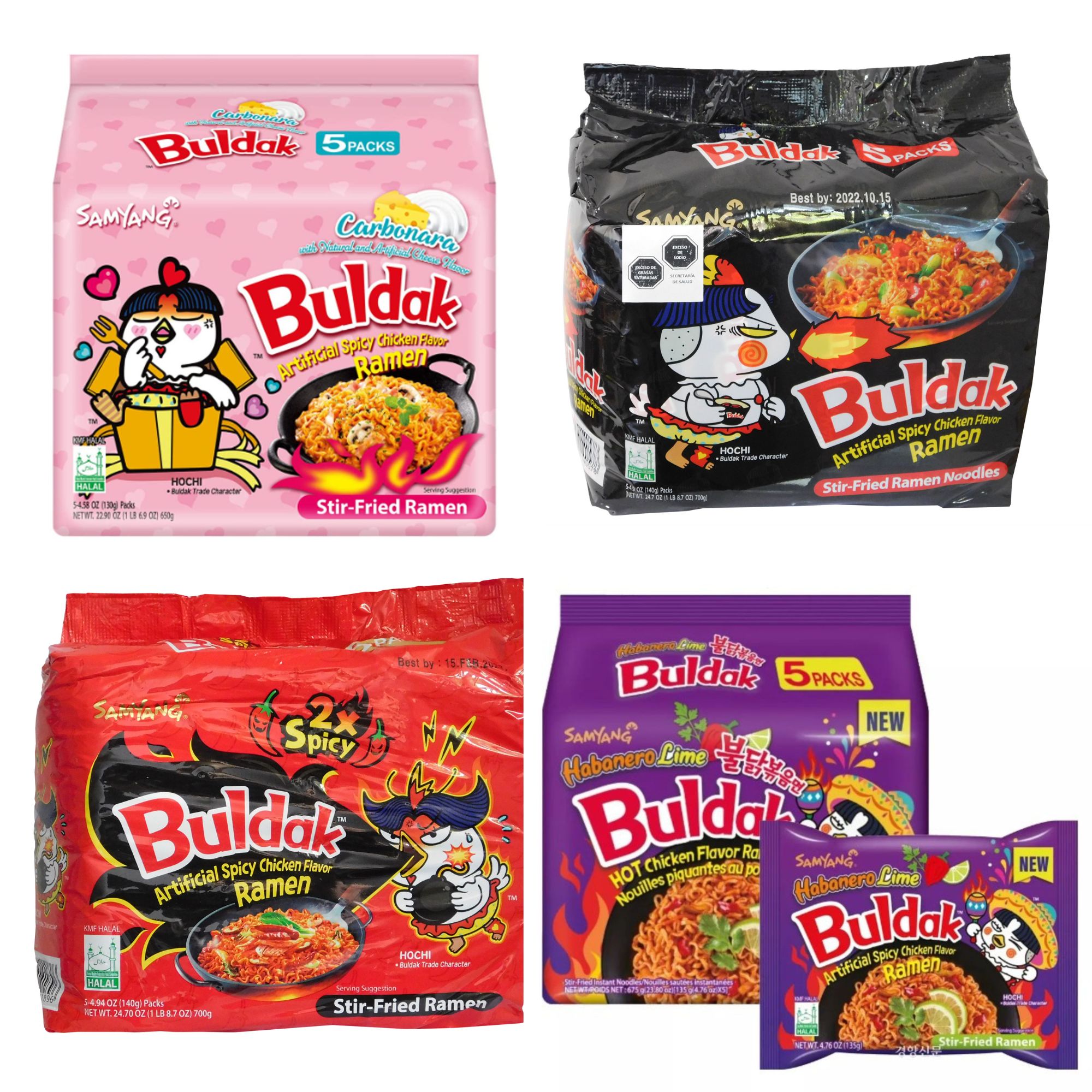 Sopa Instantánea Ramen Coreana Buldak Surtidos 1 Caja de 20 Piezas Carbonara Original Doble Picante y Habanero