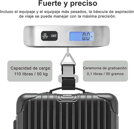 Báscula de Equipaje Digital Portátil ''travel Inspira''- Básculas Para Maletas Capacidad de 110lb/50kg con Acabado de Pintura de Goma, Batería Incluida - Perfecta Para Viajes y Pesar Maletas y Bolsos
