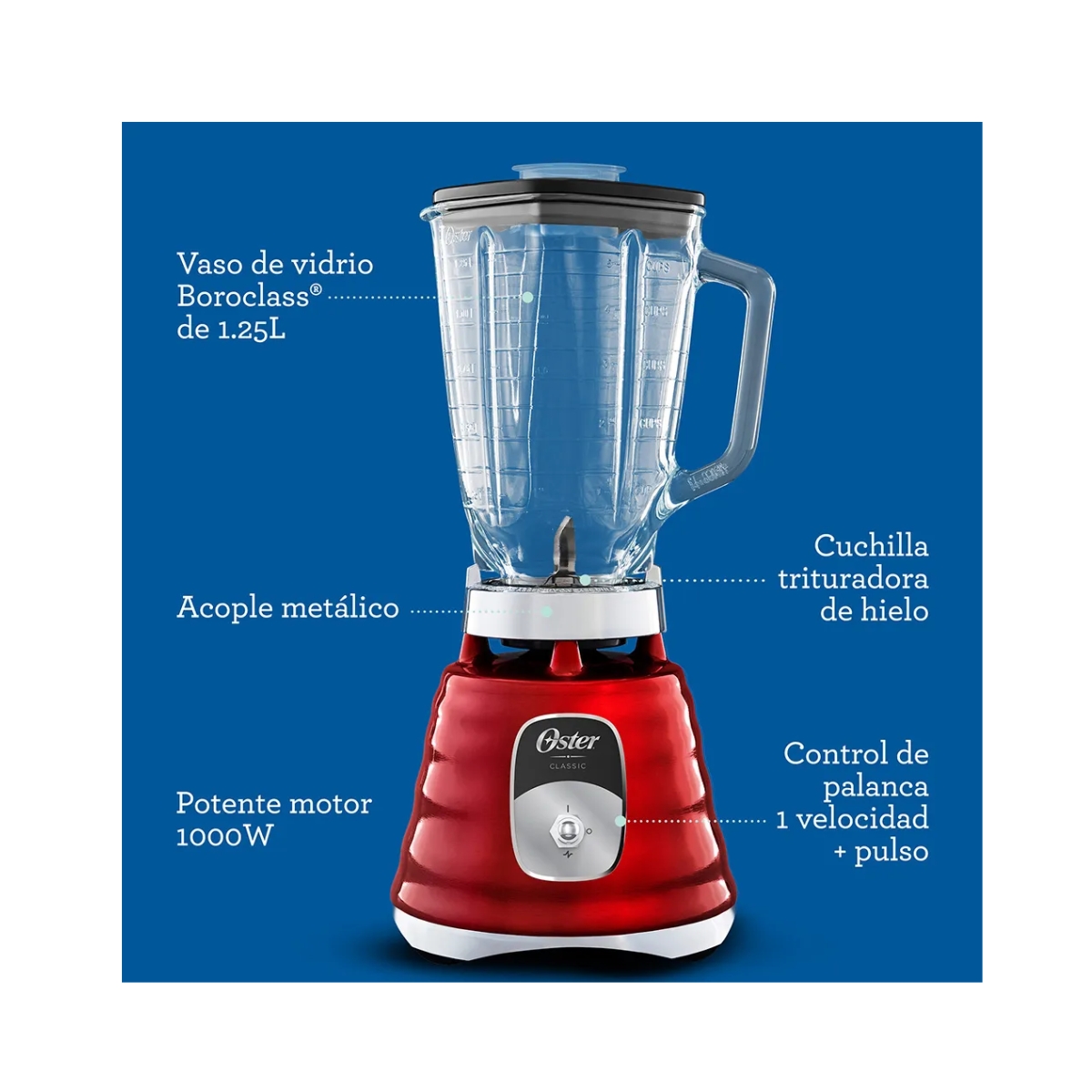 Licuadora Oster Clásica BLST4126 Interruptor 1000W 1.25Lts Tritura Hielo - Roja