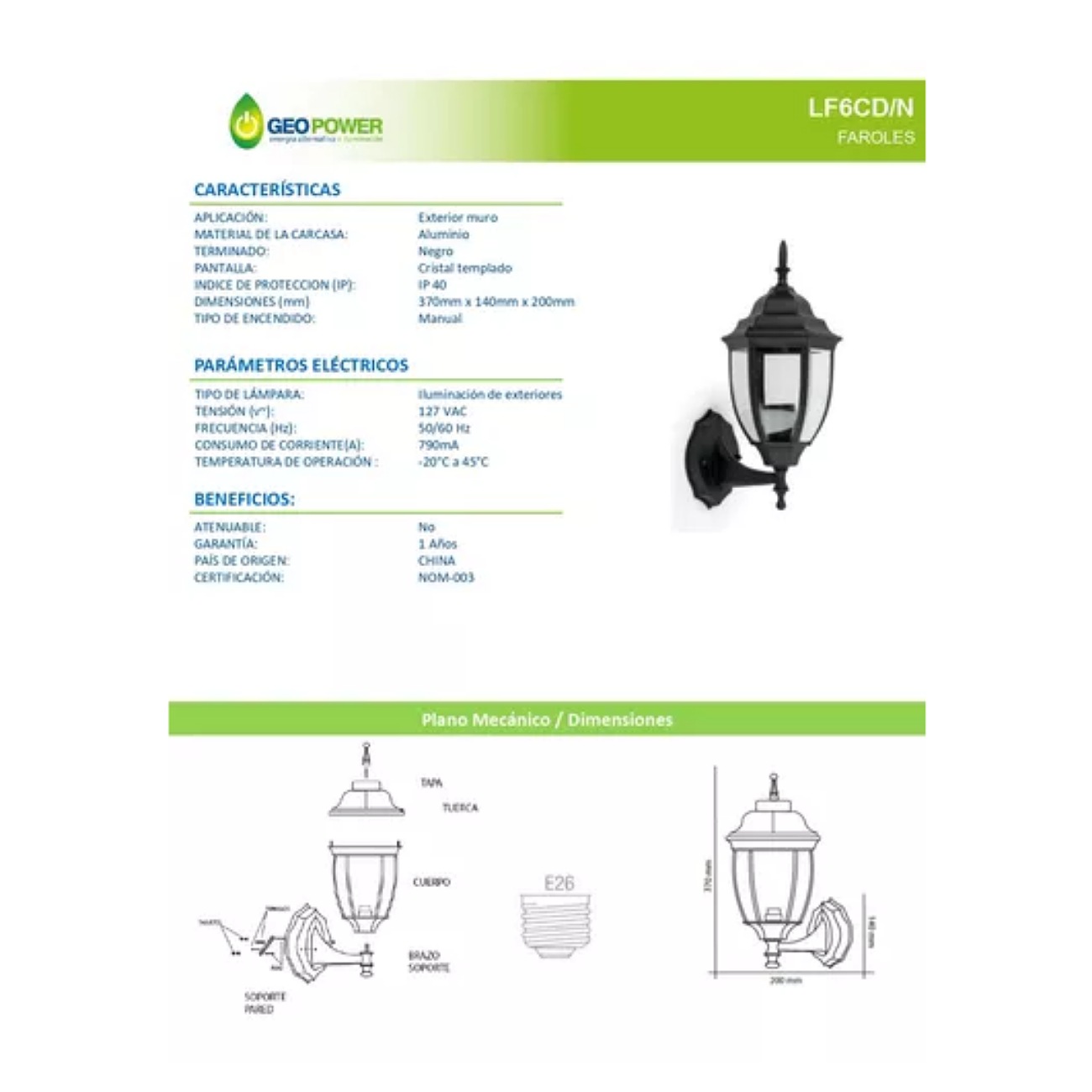 Farol Decorativo Español Negro De Aluminio Con Cristal Templado Para Exterior Rosca E26 Luminario Pared Muro LF6CD/N Geopower