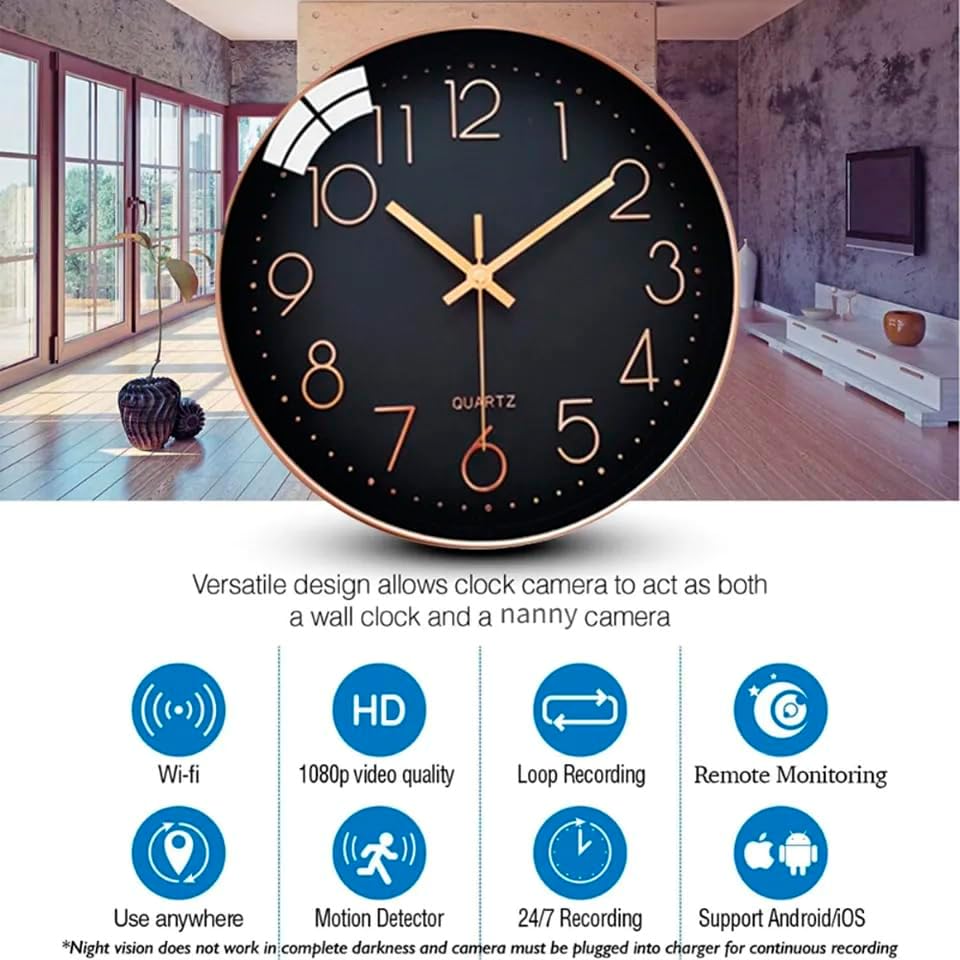 Camara WiFi Vigilancia Reloj De Pared FHD 1080p Alerta de Movimiento