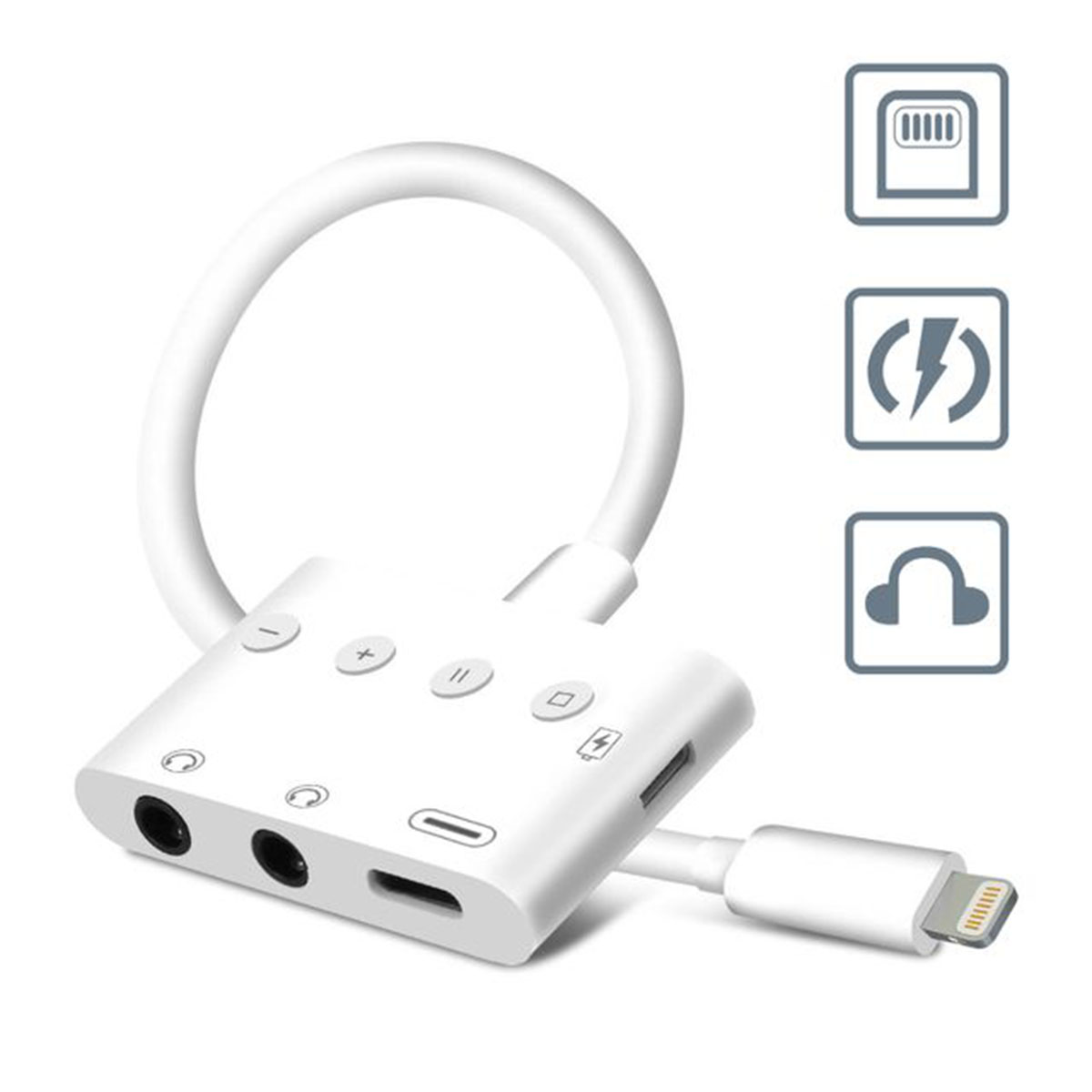 Adaptador Bluetooth Lightning a 2 Auxiliar Auriculares 3.5mm y Carga Lightning o Tipo C