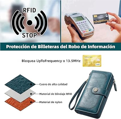 A Cartera para Mujer de Piel, con Bloqueo RFID, Billetera Grande con Cremallera, Monedero para Móvil de Dama Minimalista, Tarjetero Moda de Gran Capacidad, Regalos para Chicas y Mujeres (Azul).