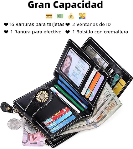 A Cartera para Mujer de Piel, con Bloqueo RFID, Billetera Pequeño con Cremallera, Monedero de Dama Minimalista, Tarjetero Moda de Gran Capacidad, Regalos para Chicas y Mujeres (Azul).