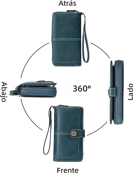A Cartera para Mujer de Piel, con Bloqueo RFID, Billetera Grande con Cremallera, Monedero para Móvil de Dama Minimalista, Tarjetero Moda de Gran Capacidad, Regalos para Chicas y Mujeres (Azul).