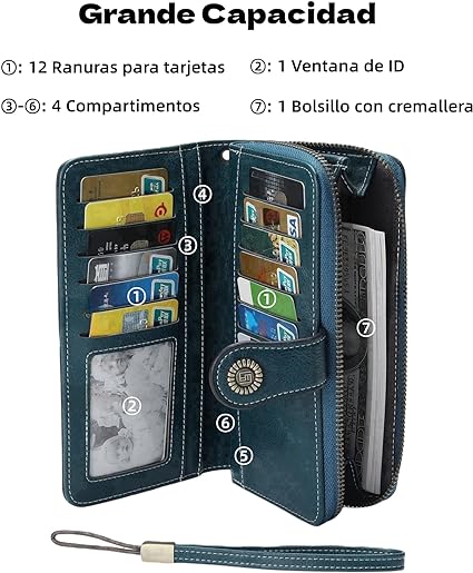 A Cartera para Mujer de Piel, con Bloqueo RFID, Billetera Grande con Cremallera, Monedero para Móvil de Dama Minimalista, Tarjetero Moda de Gran Capacidad, Regalos para Chicas y Mujeres (Azul).