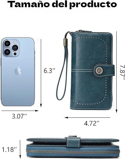 A Cartera para Mujer de Piel, con Bloqueo RFID, Billetera Grande con Cremallera, Monedero para Móvil de Dama Minimalista, Tarjetero Moda de Gran Capacidad, Regalos para Chicas y Mujeres (Azul).