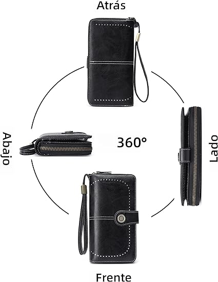 A Cartera para Mujer de Piel, con Bloqueo RFID, Billetera Grande con Cremallera, Monedero para Móvil de Dama Minimalista, Tarjetero Moda de Gran Capacidad, Regalos para Chicas y Mujeres ((Negro).