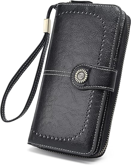 A Cartera para Mujer de Piel, con Bloqueo RFID, Billetera Grande con Cremallera, Monedero para Móvil de Dama Minimalista, Tarjetero Moda de Gran Capacidad, Regalos para Chicas y Mujeres ((Negro).