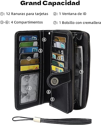 A Cartera para Mujer de Piel, con Bloqueo RFID, Billetera Grande con Cremallera, Monedero para Móvil de Dama Minimalista, Tarjetero Moda de Gran Capacidad, Regalos para Chicas y Mujeres ((Negro).