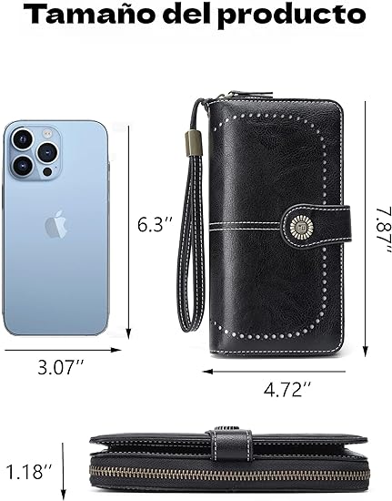 A Cartera para Mujer de Piel, con Bloqueo RFID, Billetera Grande con Cremallera, Monedero para Móvil de Dama Minimalista, Tarjetero Moda de Gran Capacidad, Regalos para Chicas y Mujeres ((Negro).