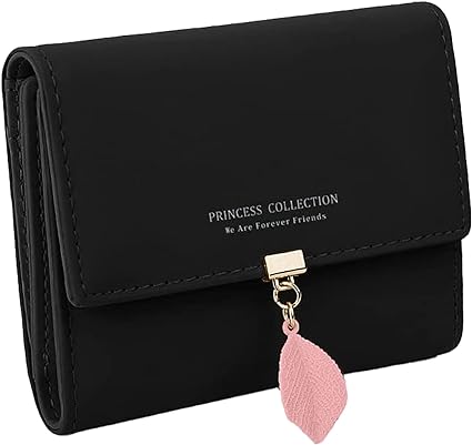 A Cartera Para Mujer, Tarjeteros Para Mujer, Monedero Pequeño Con Bloqueo Rfid, Cartera Dama Con Hoja Adorno Colgante Negro