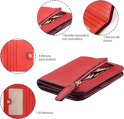 A Cartera Mujer Pequeño con RFID Bloquea, Mini Monedero Bifold para Tarjetas, Billetera de Piel Plegable con Bolsillo, Tarjetero Minimalista con Ventana de Identificación para Chica Mujer.