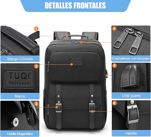 A TUQI Mochila para Laptop portátil, Mochila de viaje, mochila de tipo casual para hombres y mujeres, impermeable y la tela durable con bolsillos multifuncionales, para el viaje, negocios, etc. Negra