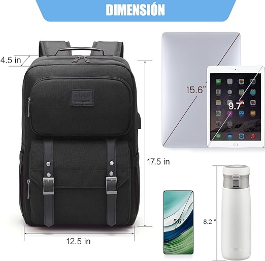 A TUQI Mochila para Laptop portátil, Mochila de viaje, mochila de tipo casual para hombres y mujeres, impermeable y la tela durable con bolsillos multifuncionales, para el viaje, negocios, etc. Negra