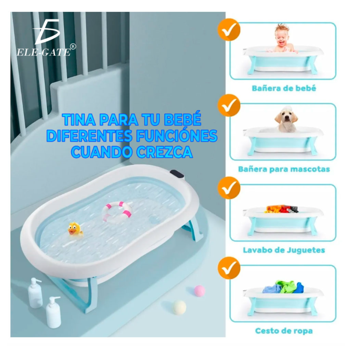 Bañera Tina de baño para bebé plegable y portátil con termómetro de agua.