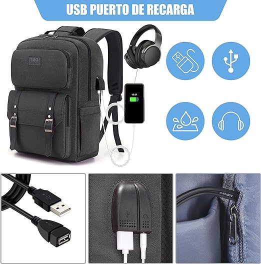 A TUQI Mochila para Laptop portátil, Mochila de viaje, mochila de tipo casual para hombres y mujeres, impermeable y la tela durable con bolsillos multifuncionales, para el viaje, negocios, etc. Negra