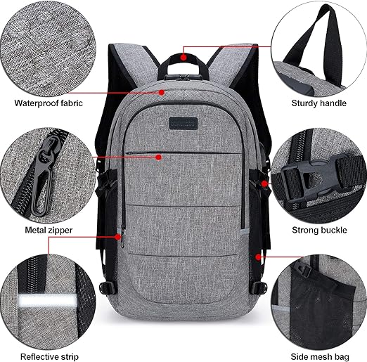 A Mochila antirrobo, Mochila Impermeable,DOXUNGOO Mochila para portátil Hombre Mujer Mochila Escolares Aire Libre paracon bloqueo y con USB Puerto y puerto audífonos para Laptop hasta 15.6 (gris)