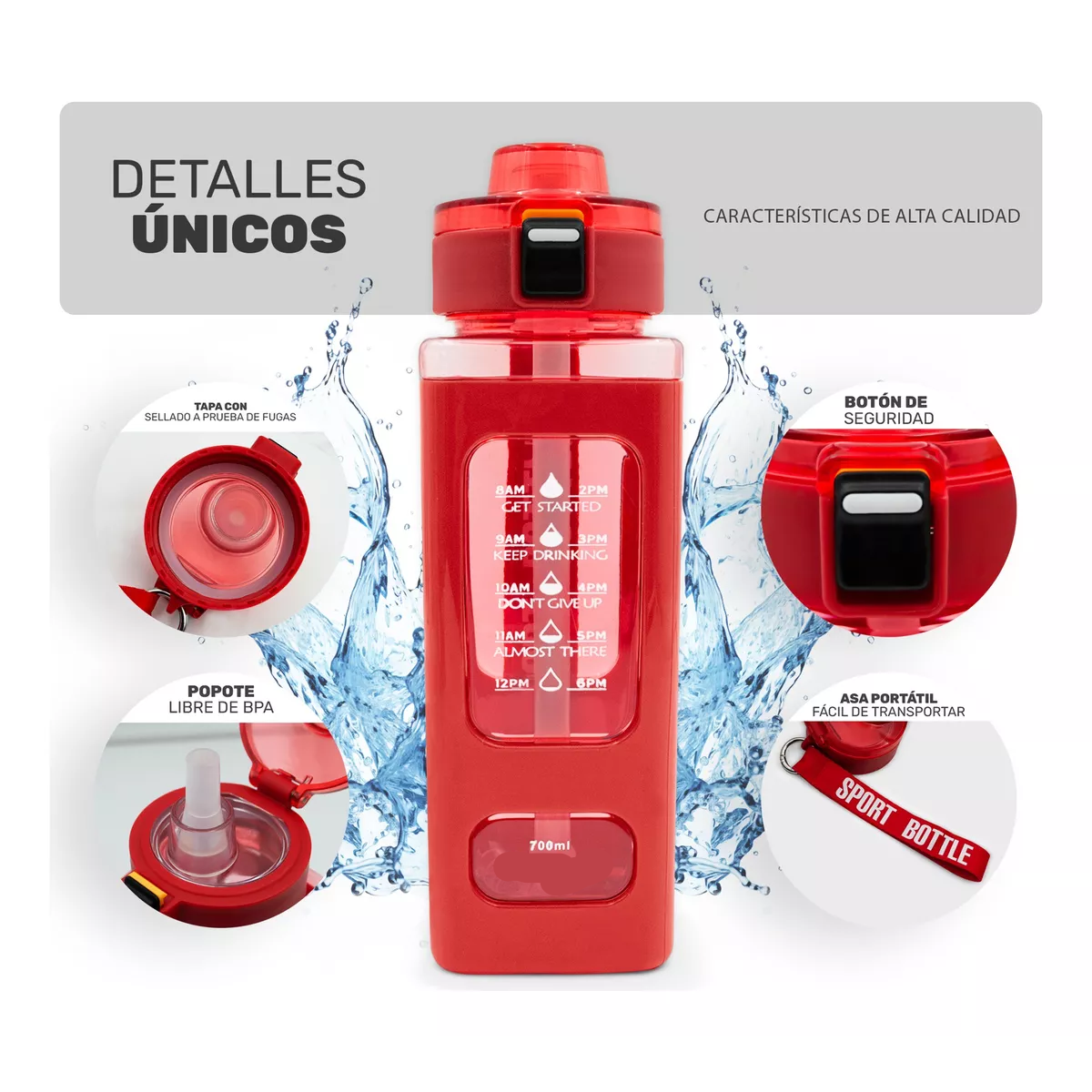 Termo Botella De Agua Multifuncional Con Pajita De 700ml Rojo