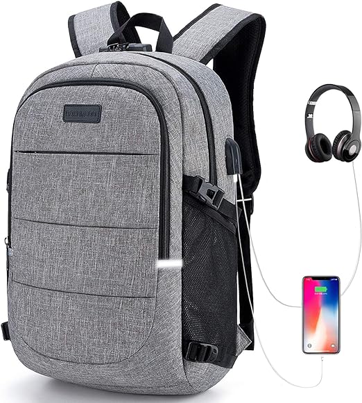 A Mochila antirrobo, Mochila Impermeable,DOXUNGOO Mochila para portátil Hombre Mujer Mochila Escolares Aire Libre paracon bloqueo y con USB Puerto y puerto audífonos para Laptop hasta 15.6 (gris)