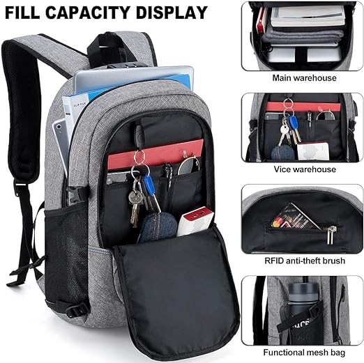 A Mochila antirrobo, Mochila Impermeable,DOXUNGOO Mochila para portátil Hombre Mujer Mochila Escolares Aire Libre paracon bloqueo y con USB Puerto y puerto audífonos para Laptop hasta 15.6 (gris)