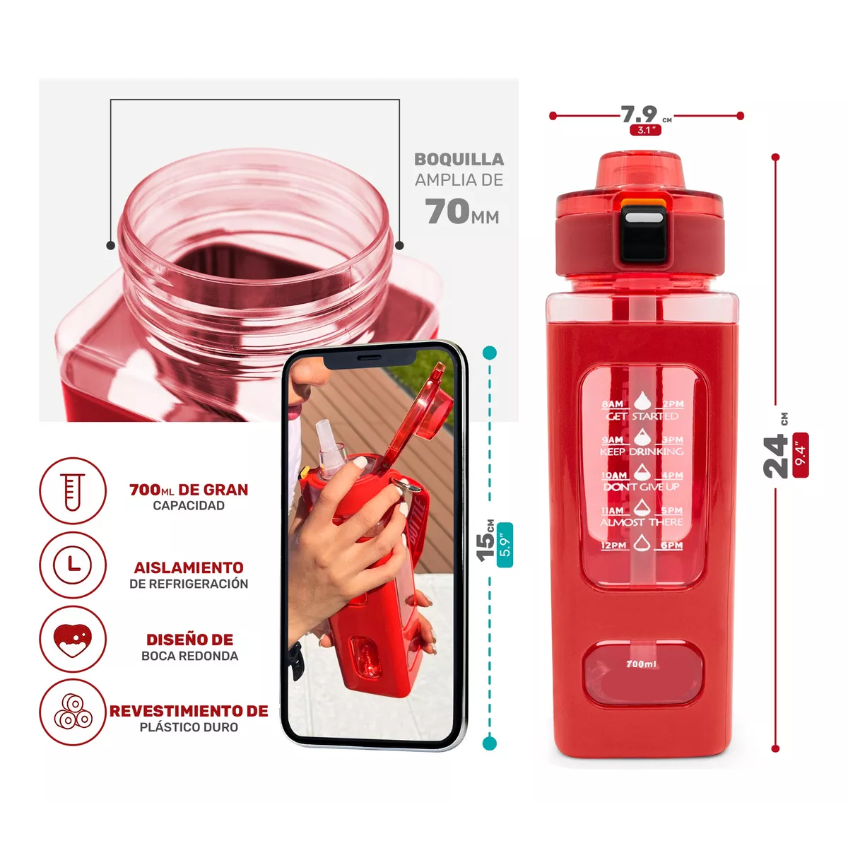 Termo Botella De Agua Multifuncional Con Pajita De 700ml Rojo