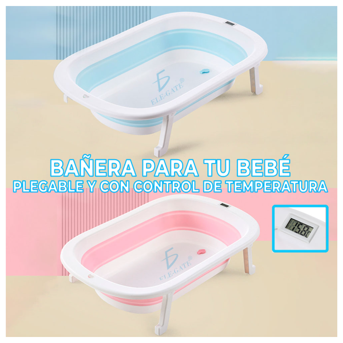 Bañera Tina de baño para bebé plegable y portátil con termómetro de agua Color Rosa.