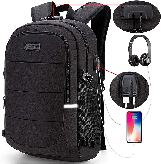 A Mochila antirrobo, Mochila Impermeable,DOXUNGOO Mochila para portátil Hombre Mujer Mochila Aire Libre paracon bloqueo y con USB Puerto y puerto audífonos para Laptop hasta 15.6 pulgadas (negro)