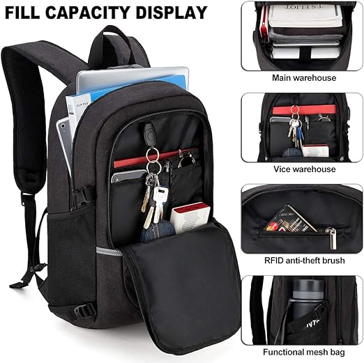 A Mochila antirrobo, Mochila Impermeable,DOXUNGOO Mochila para portátil Hombre Mujer Mochila Aire Libre paracon bloqueo y con USB Puerto y puerto audífonos para Laptop hasta 15.6 pulgadas (negro)