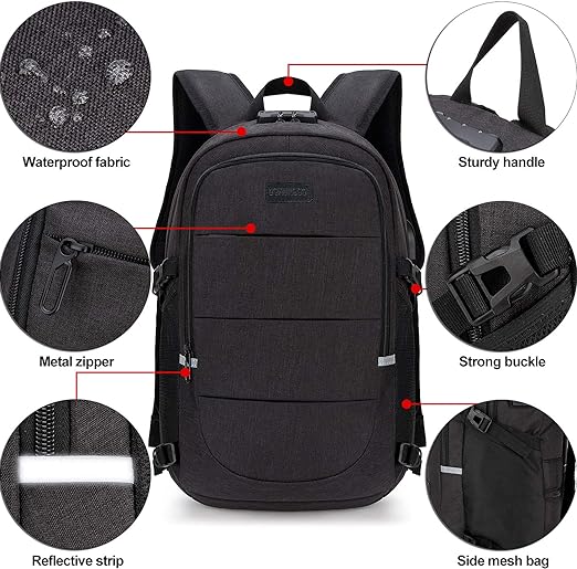 A Mochila antirrobo, Mochila Impermeable,DOXUNGOO Mochila para portátil Hombre Mujer Mochila Aire Libre paracon bloqueo y con USB Puerto y puerto audífonos para Laptop hasta 15.6 pulgadas (negro)