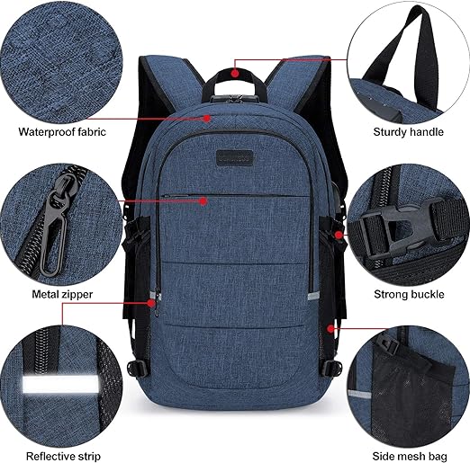 A Mochila antirrobo, Mochila Impermeable,DOXUNGOO Mochila para portátil Hombre Mujer Mochila paracon bloqueo y con USB Puerto y puerto audífonos para Laptop hasta 15.6 pulgadas (azul)