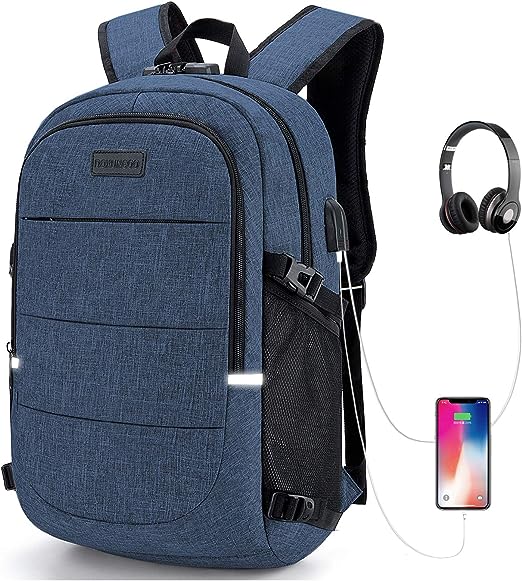 A Mochila antirrobo, Mochila Impermeable,DOXUNGOO Mochila para portátil Hombre Mujer Mochila paracon bloqueo y con USB Puerto y puerto audífonos para Laptop hasta 15.6 pulgadas (azul)