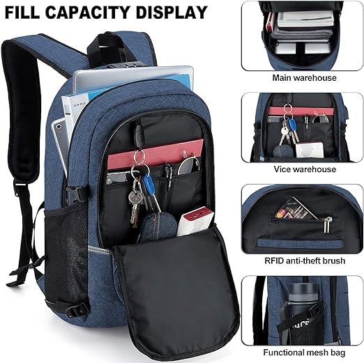 A Mochila antirrobo, Mochila Impermeable,DOXUNGOO Mochila para portátil Hombre Mujer Mochila paracon bloqueo y con USB Puerto y puerto audífonos para Laptop hasta 15.6 pulgadas (azul)