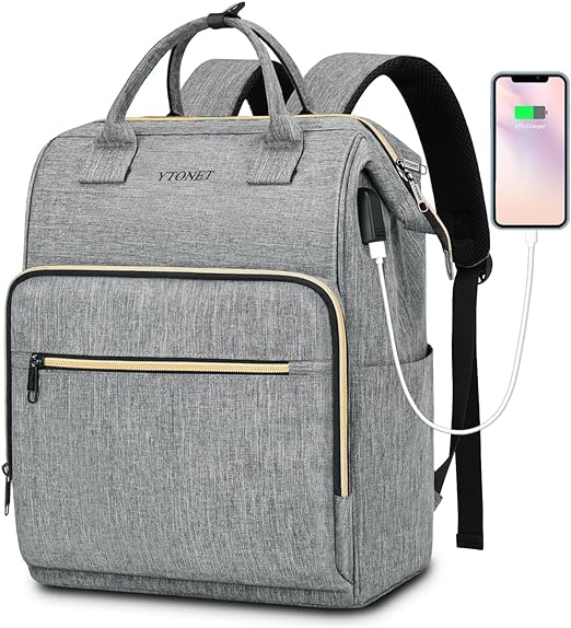 A Ytonet Mochila para Laptop Mujer，Mochila Impermeable y Resistente，Mochila Universitaria de 15.6 Pulgadas con Puerto USB，Mochila Ejecutiva de Trabajo, Backpack, Gris