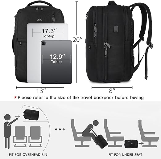 A MATEIN Mochila de Viaje, Mochila de Viaje 10 kg Avion con Puerto de Carga USB, Mochila para Laptop de 17 Pulgadas, Mochilas para Hombre y Mujer, Mochila de Viaje Viral TikTok, Negro