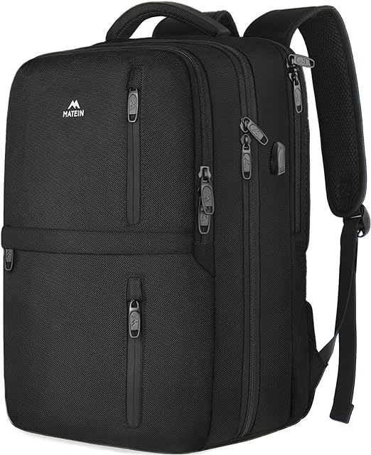 A MATEIN Mochila de Viaje, Mochila de Viaje 10 kg Avion con Puerto de Carga USB, Mochila para Laptop de 17 Pulgadas, Mochilas para Hombre y Mujer, Mochila de Viaje Viral TikTok, Negro