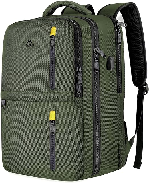A MATEIN Mochila de Viaje, Mochila para Laptop con Puerto de Carga USB, Mochila de Viaje 10 kg Avión de 17.3 pulgadas, Verde