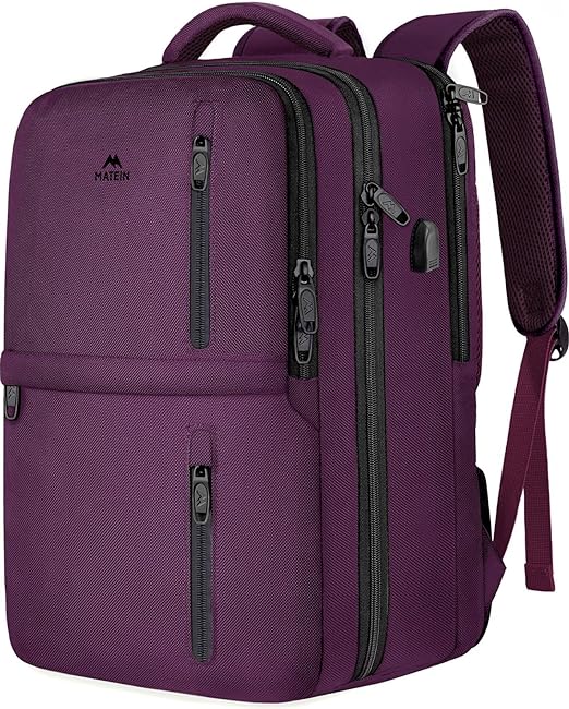 A MATEIN Mochila de Viaje, Mochila para Laptop con Puerto de Carga USB, Mochila de Viaje 10 kg Avión de 17.3 pulgadas, Morado