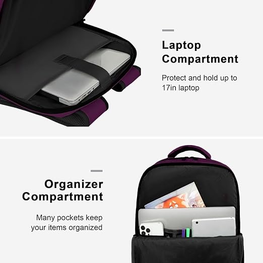 A MATEIN Mochila de Viaje, Mochila para Laptop con Puerto de Carga USB, Mochila de Viaje 10 kg Avión de 17.3 pulgadas, Morado