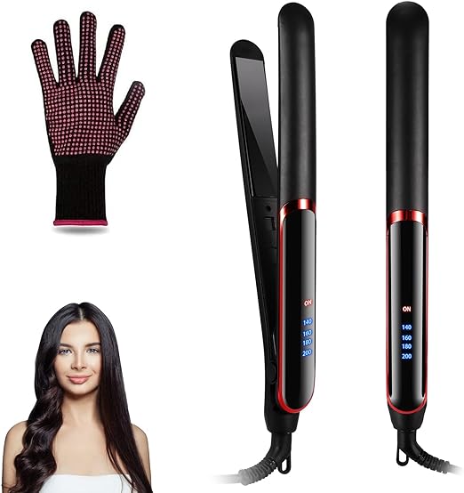 A Plancha de Cabello Cerâmica| 2 En 1 Plancha de Pelo de Profesional | Rizador y Alisador con Pantalla LED | 4 Temperatura Ajustable | con 1 Guante | Alisador de Pelo para Casa y Salón | Hair Straightener | Herramientas de Cabello para Mujeres | Negro.