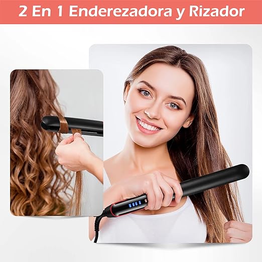 A Plancha de Cabello Cerâmica| 2 En 1 Plancha de Pelo de Profesional | Rizador y Alisador con Pantalla LED | 4 Temperatura Ajustable | con 1 Guante | Alisador de Pelo para Casa y Salón | Hair Straightener | Herramientas de Cabello para Mujeres | Negro.