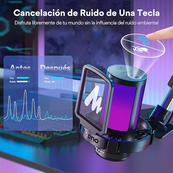 MAONO Micrófono USB para Gamer, micrófono Condensador con cancelación de Ruido, Silencio, Ganancia, monitoreo, Brazo para Streaming, Podcast, Youtube, PC, computadora, DGM20S (Negro)