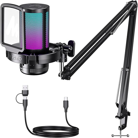 MAONO Micrófono USB para Gamer, micrófono Condensador con cancelación de Ruido, Silencio, Ganancia, monitoreo, Brazo para Streaming, Podcast, Youtube, PC, computadora, DGM20S (Negro)