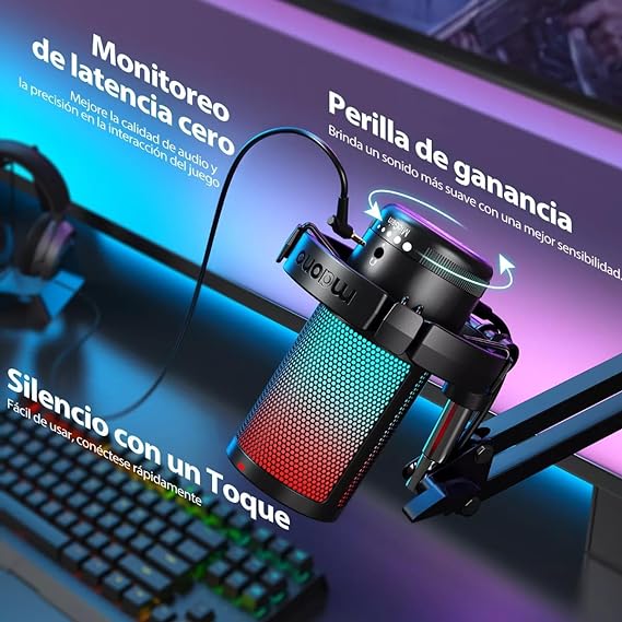 MAONO Micrófono USB para Gamer, micrófono Condensador con cancelación de Ruido, Silencio, Ganancia, monitoreo, Brazo para Streaming, Podcast, Youtube, PC, computadora, DGM20S (Negro)