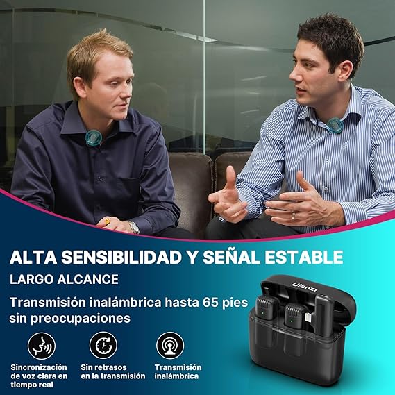 ULANZI J12 Micrófono inalámbrico de Solapa para iPhone iPad, 2-en-1 Plug-Play Mic con Estuche de Carga para el teléfono de grabación de vídeo Entrevista Youtubers Vloggers, 65ft Rango de transmisión